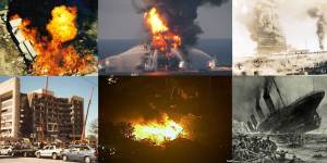 a composite image showing a variety of disasters, including the sinking of the Titanic and the Oklahoma City bombing