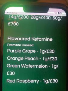 A menu showing different fruit flavored ketamine deals