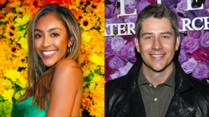 On the right, Taushia Adams attends alice + olivia Celebrates Pride With Prom at Parrish Art Museum on June 24, 2021 in Water Mill, New York. On the left, Arie Luyendyk Jr attends the screening of Lionsgate's "I Still Believe" at Fairfax Cinemas on March